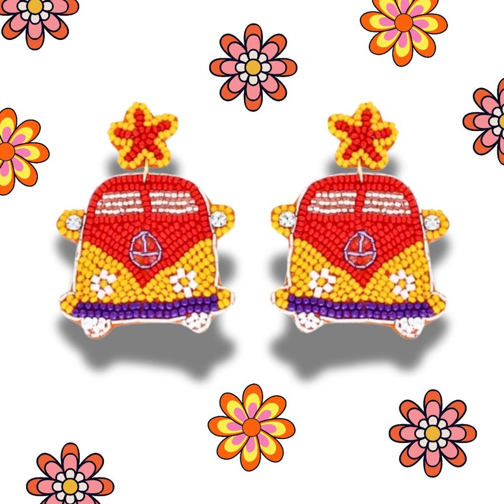 Retro 60's 70's VW Camper Bus Van Hippie Boho Seed Beaded Statement Earrings